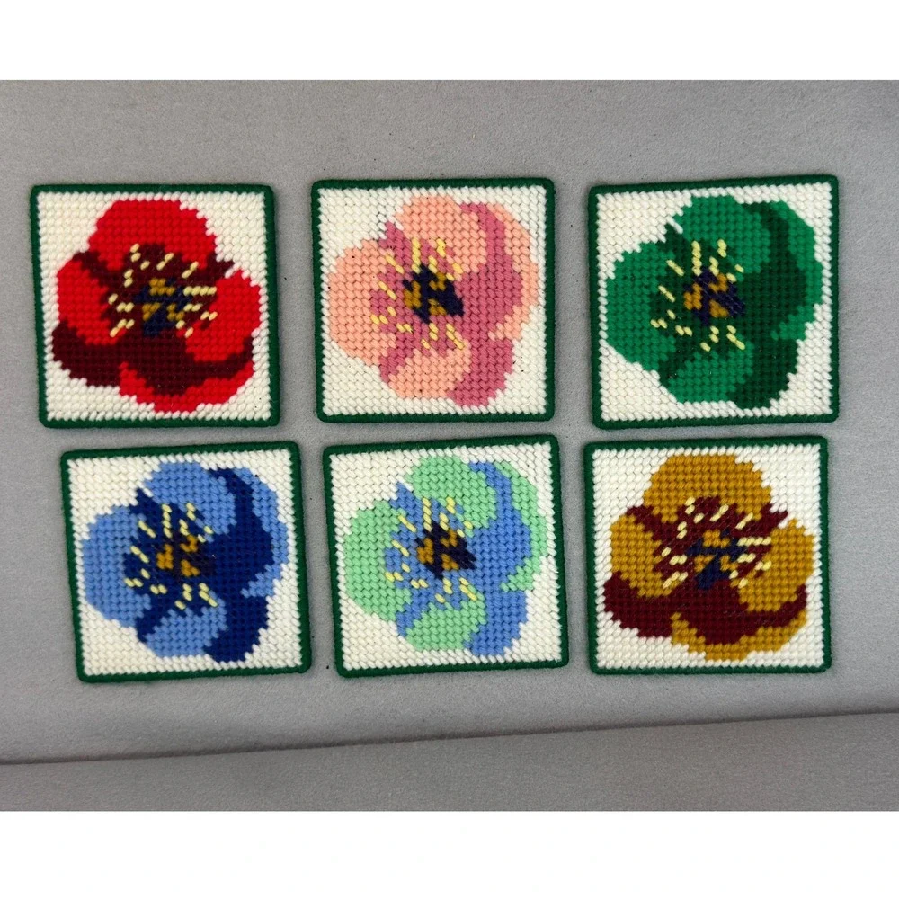 Cottagecore Floral Pansy Coaster Set Multicolor Yarn Needlepoint Handmade